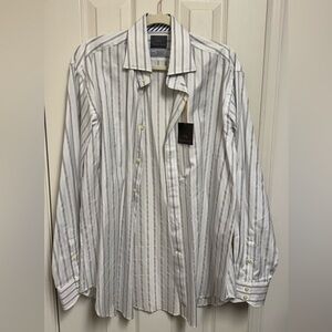 Thomas Dean White Dress Shirt with Gray and Light Blue Stripes